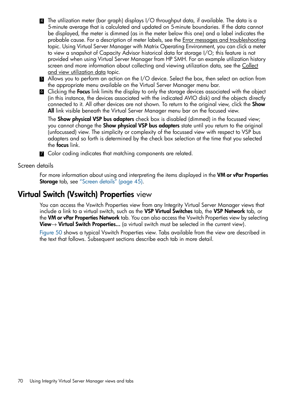 Screen details, Virtual switch (vswitch) properties view | HP Matrix Operating Environment Software User Manual | Page 70 / 148