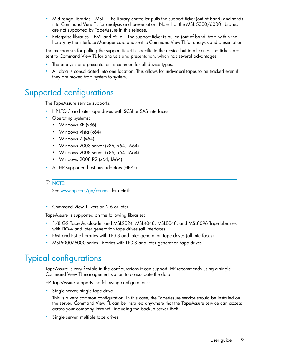 Supported configurations, Typical configurations, 9 typical configurations | HP StoreEver Ultrium Tape Drives User Manual | Page 9 / 40