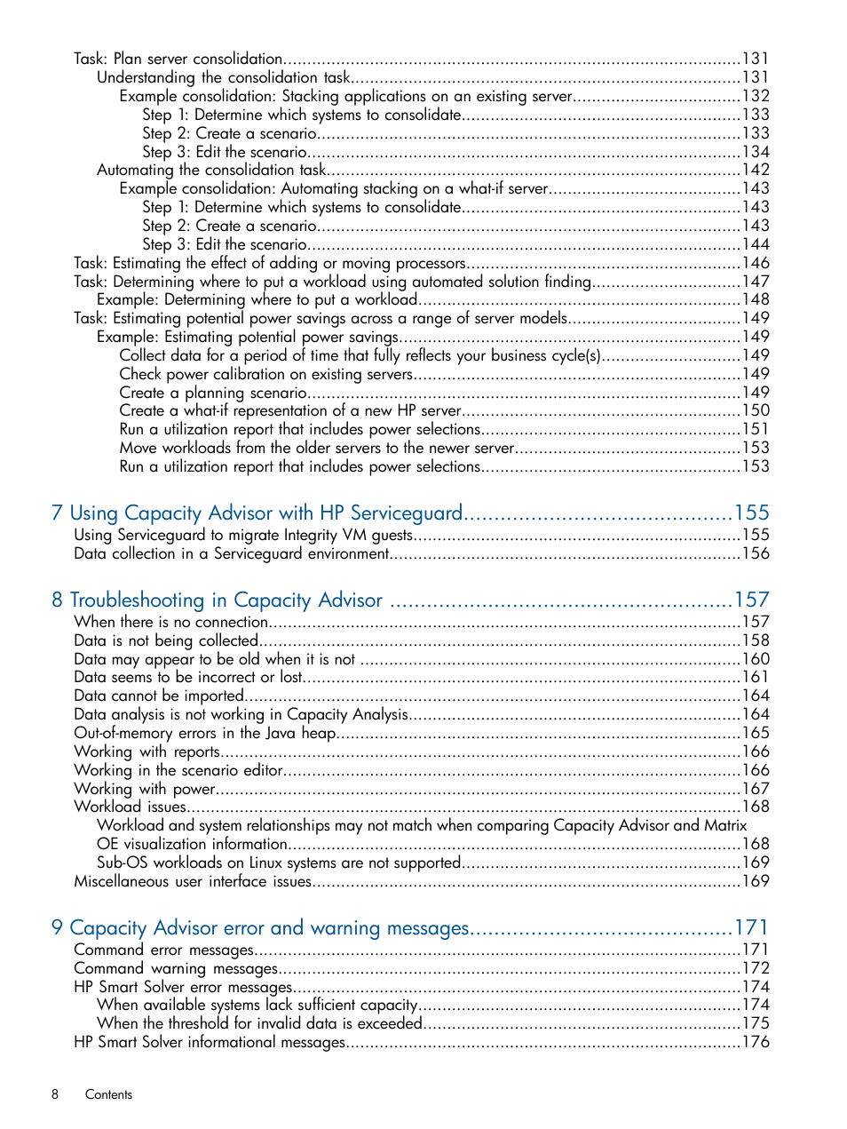 7 using capacity advisor with hp serviceguard, 8 troubleshooting in capacity advisor, 9 capacity advisor error and warning messages | HP Matrix Operating Environment Software User Manual | Page 8 / 233