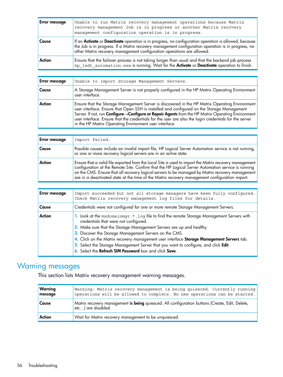 Warning messages | HP Matrix Operating Environment Software User Manual | Page 56 / 74