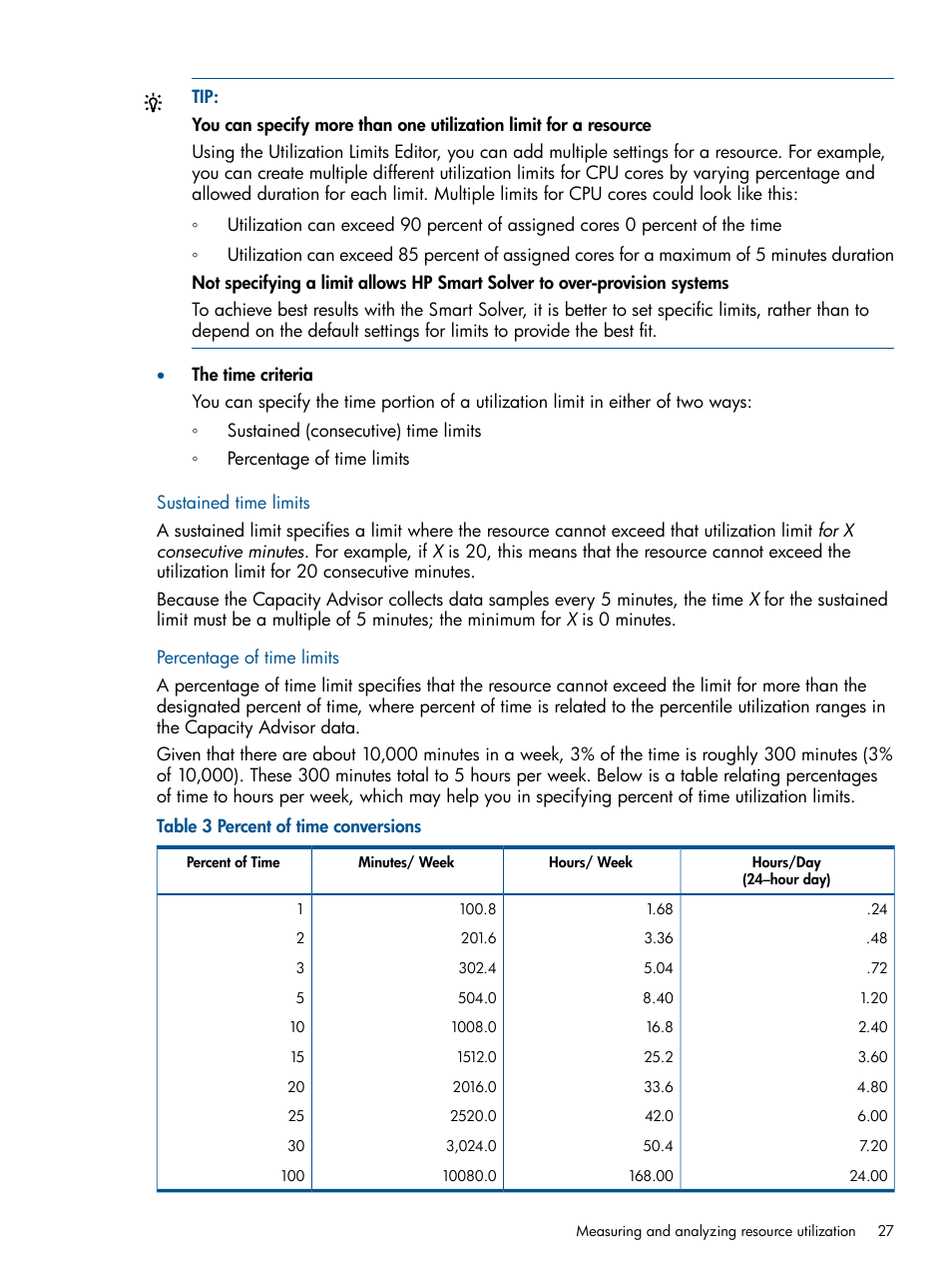 Sustained time limits, Percentage of time limits, Sustained time limits percentage of time limits | HP Matrix Operating Environment Software User Manual | Page 27 / 189