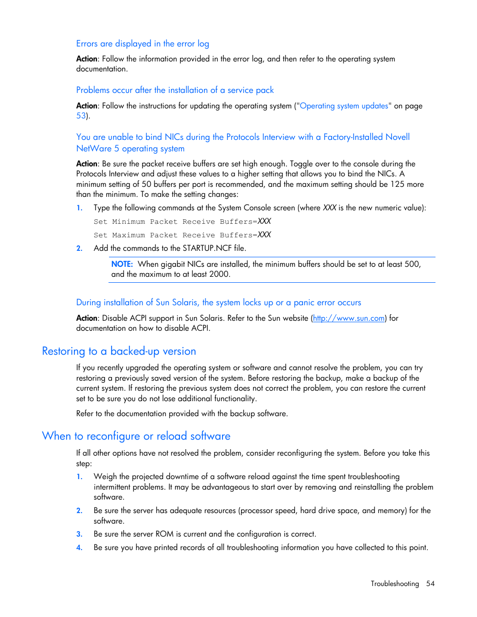 Restoring to a backed-up version, When to reconfigure or reload software | HP ProLiant DL145 G3 Server User Manual | Page 54 / 81