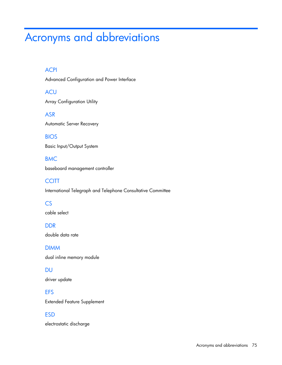 Acronyms and abbreviations | HP ProLiant DL145 G3 Server User Manual | Page 75 / 81