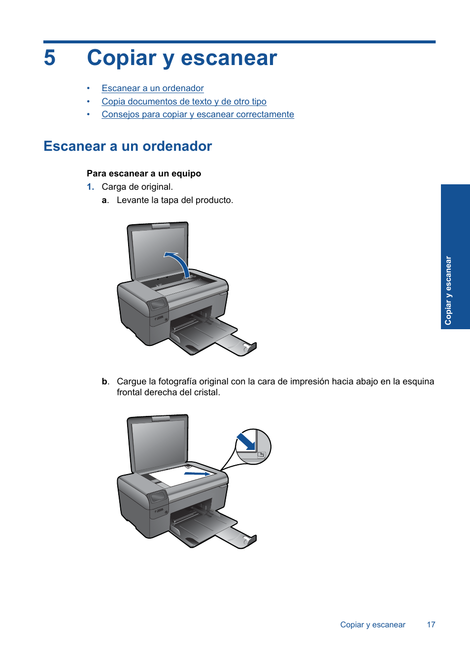 Copiar y escanear, Escanear a un ordenador, 5 copiar y escanear | 5copiar y escanear | HP Impresora e-Todo-en-Uno HP Photosmart inalámbrica - B110e User Manual | Page 19 / 62