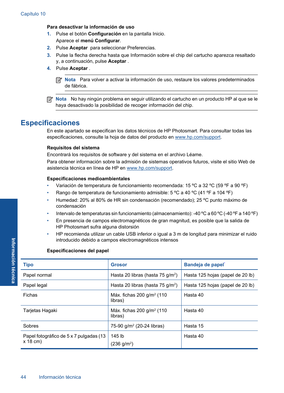 Especificaciones | HP Impresora e-Todo-en-Uno HP Photosmart inalámbrica - B110e User Manual | Page 46 / 62