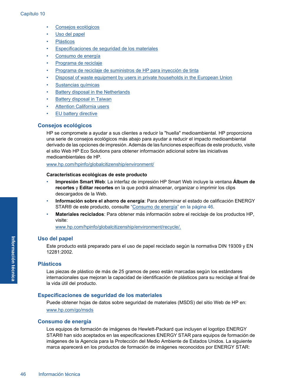 Consejos ecológicos, Uso del papel, Plásticos | Especificaciones de seguridad de los materiales, Consumo de energía | HP Impresora e-Todo-en-Uno HP Photosmart inalámbrica - B110e User Manual | Page 48 / 62