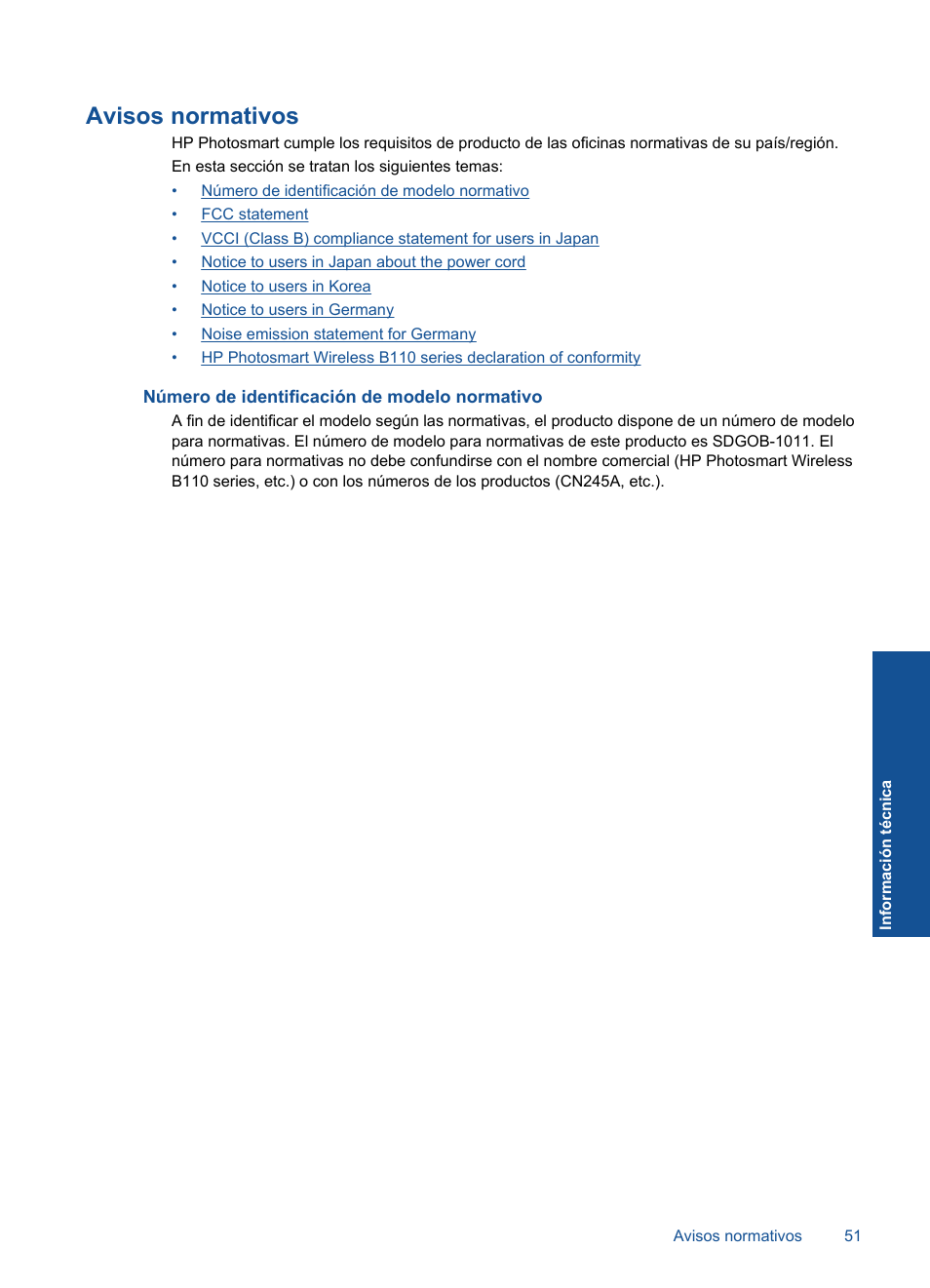 Avisos normativos, Número de identificación de modelo normativo | HP Impresora e-Todo-en-Uno HP Photosmart inalámbrica - B110e User Manual | Page 53 / 62