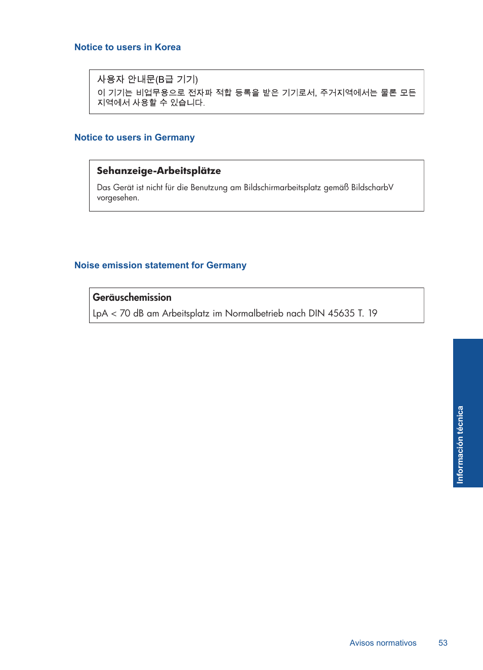 Notice to users in korea, Notice to users in germany, Noise emission statement for germany | HP Impresora e-Todo-en-Uno HP Photosmart inalámbrica - B110e User Manual | Page 55 / 62