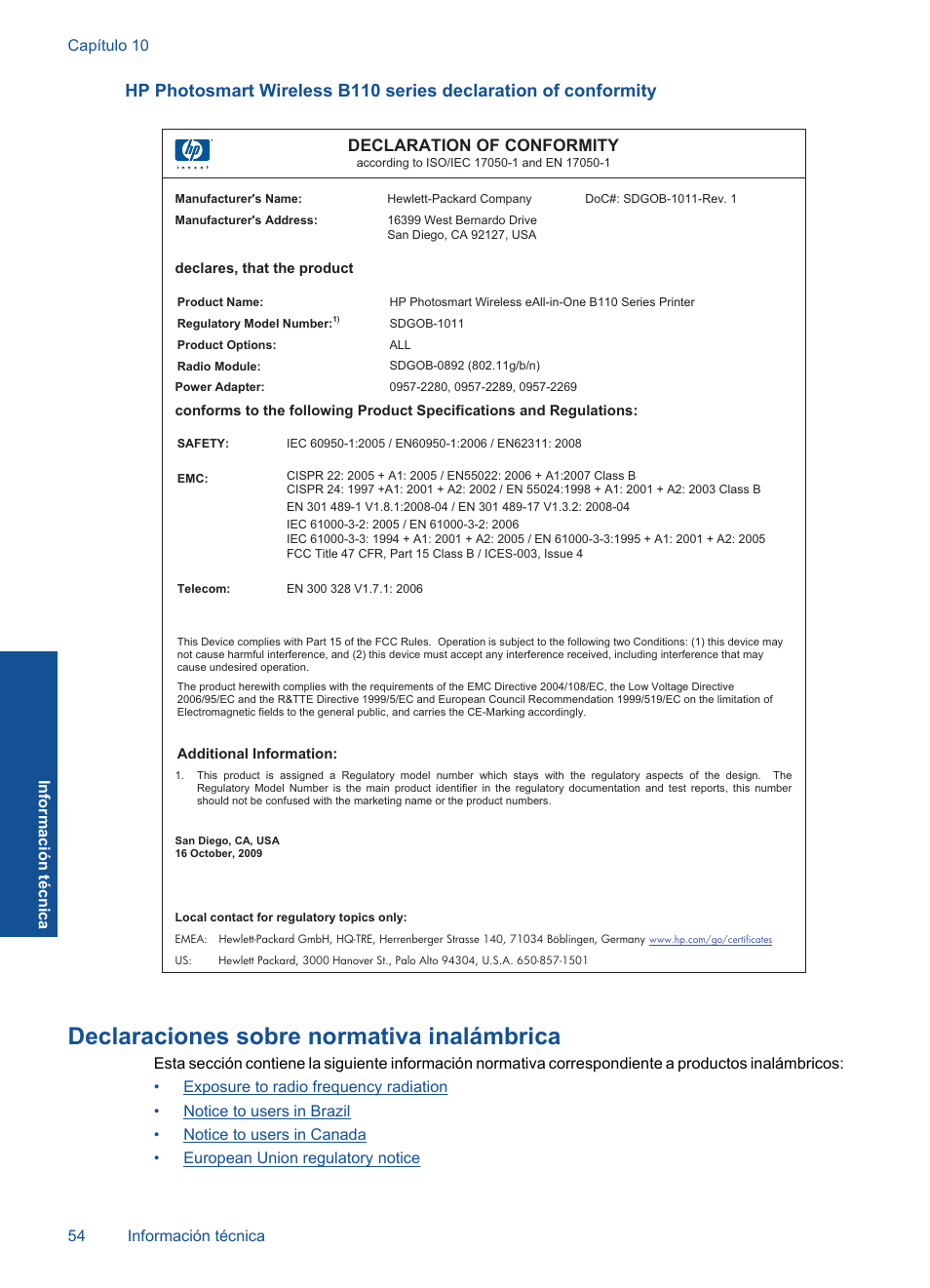 Declaraciones sobre normativa inalámbrica, Declaration of conformity | HP Impresora e-Todo-en-Uno HP Photosmart inalámbrica - B110e User Manual | Page 56 / 62