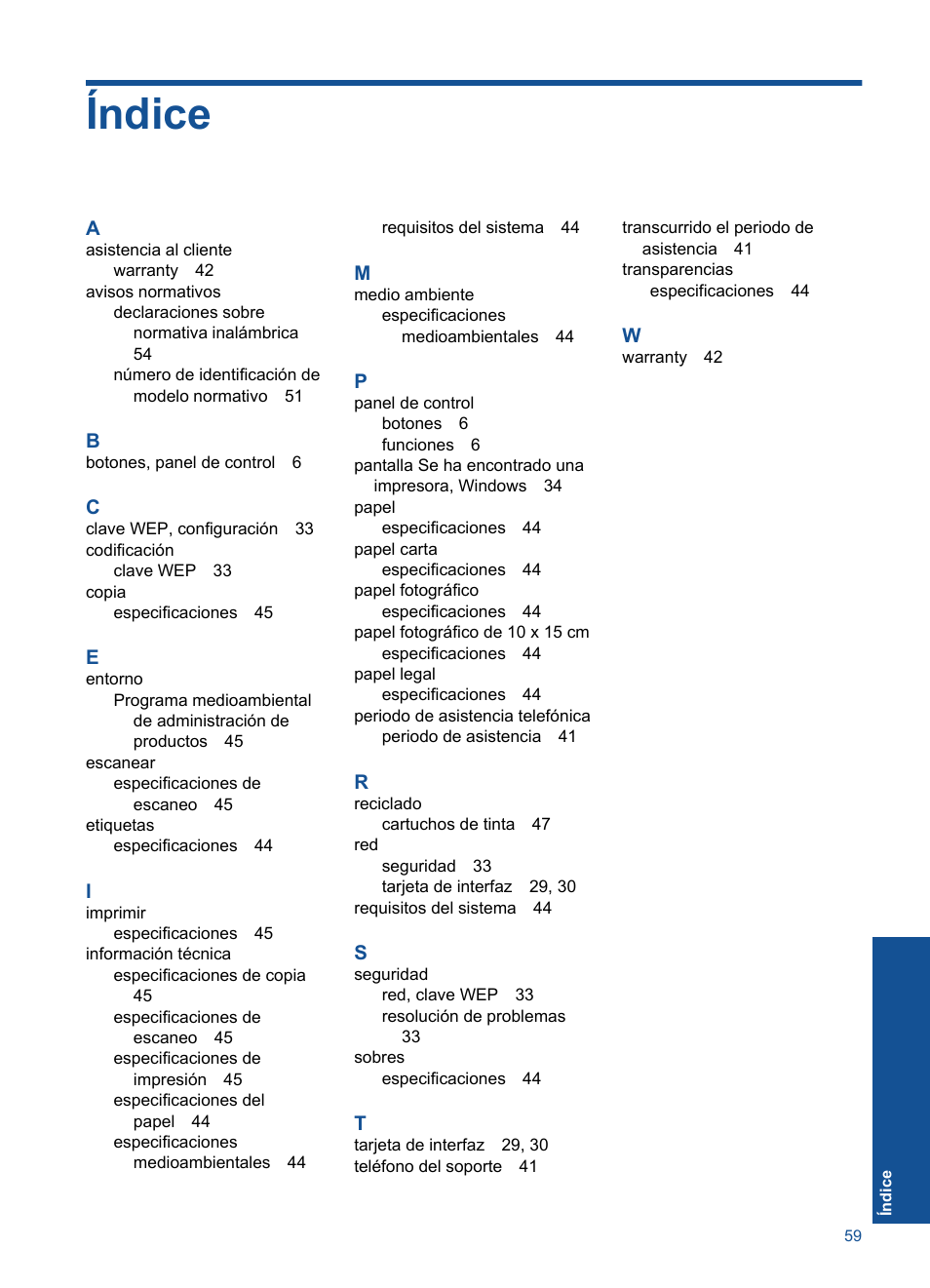 Índice | HP Impresora e-Todo-en-Uno HP Photosmart inalámbrica - B110e User Manual | Page 61 / 62