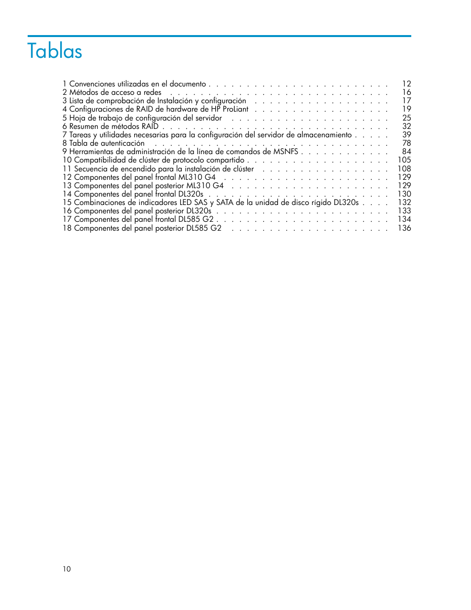 Tablas | HP Servidor de almacenamiento HP ProLiant DL320s User Manual | Page 10 / 152