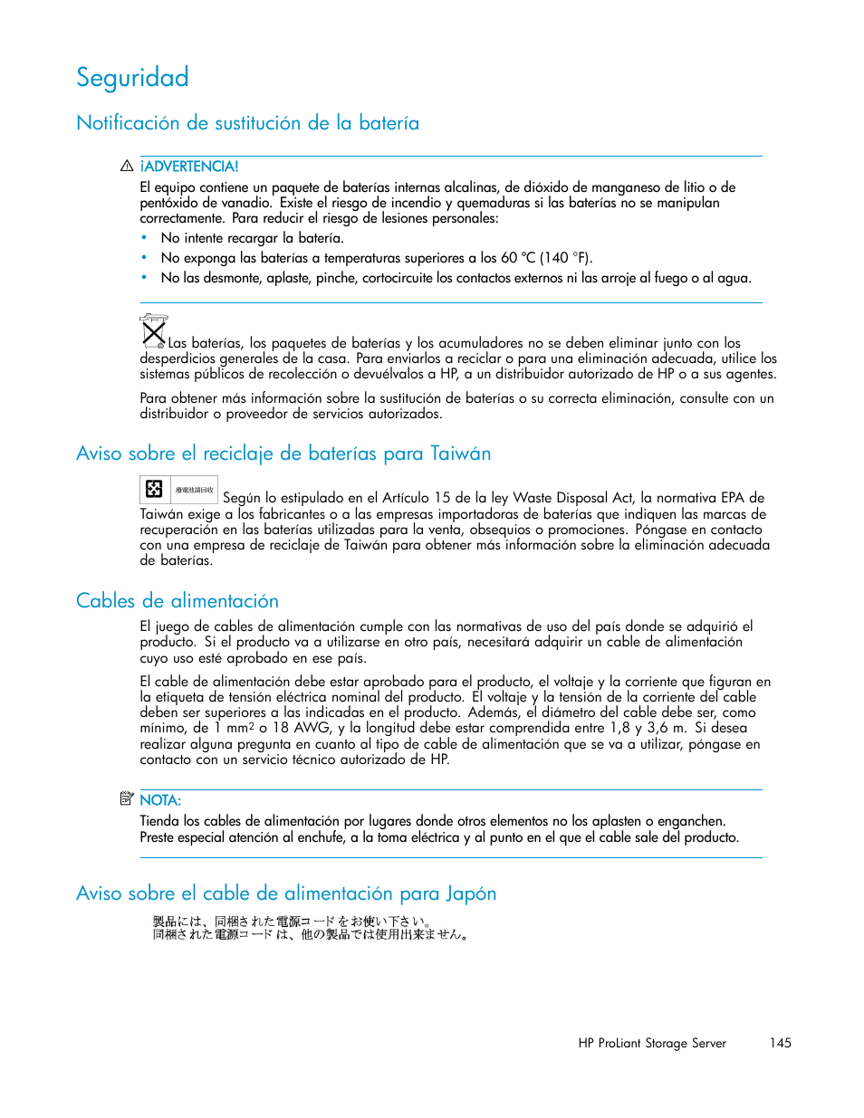 Seguridad, Notificación de sustitución de la batería, Aviso sobre el reciclaje de baterías para taiwán | Cables de alimentación, Aviso sobre el cable de alimentación para japón | HP Servidor de almacenamiento HP ProLiant DL320s User Manual | Page 145 / 152