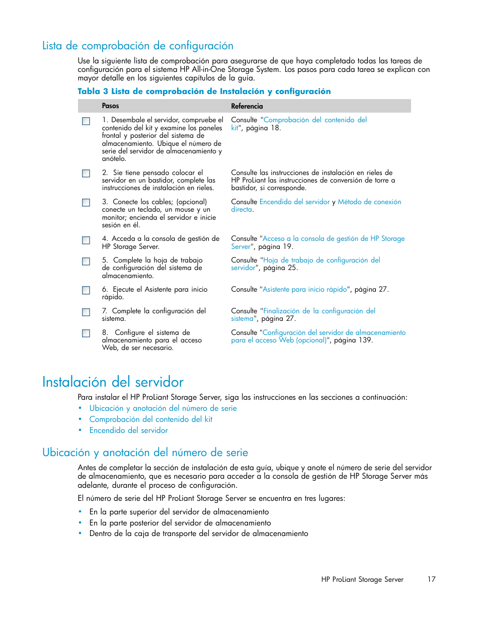 Instalación del servidor, Lista de comprobación de configuración, Ubicación y anotación del número de serie | HP Servidor de almacenamiento HP ProLiant DL320s User Manual | Page 17 / 152
