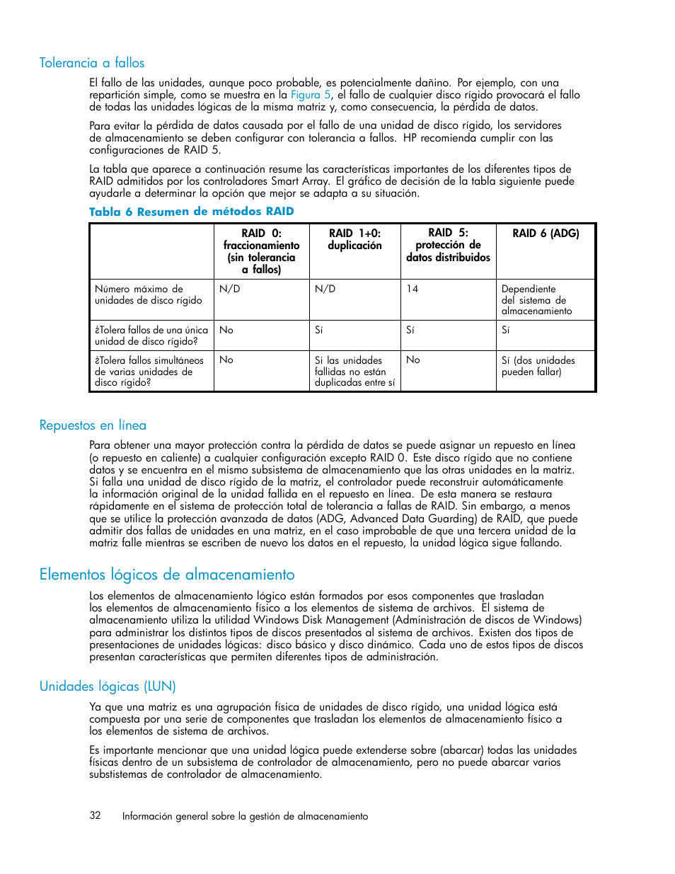 Tolerancia a fallos, Repuestos en línea, Elementos lógicos de almacenamiento | Unidades lógicas (lun), 6 resumen de métodos raid | HP Servidor de almacenamiento HP ProLiant DL320s User Manual | Page 32 / 152