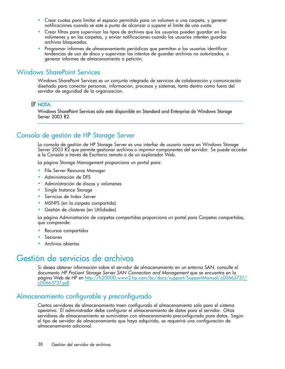 Windows sharepoint services, Consola de gestión de hp storage server, Gestión de servicios de archivos | Almacenamiento configurable y preconfigurado | HP Servidor de almacenamiento HP ProLiant DL320s User Manual | Page 38 / 152