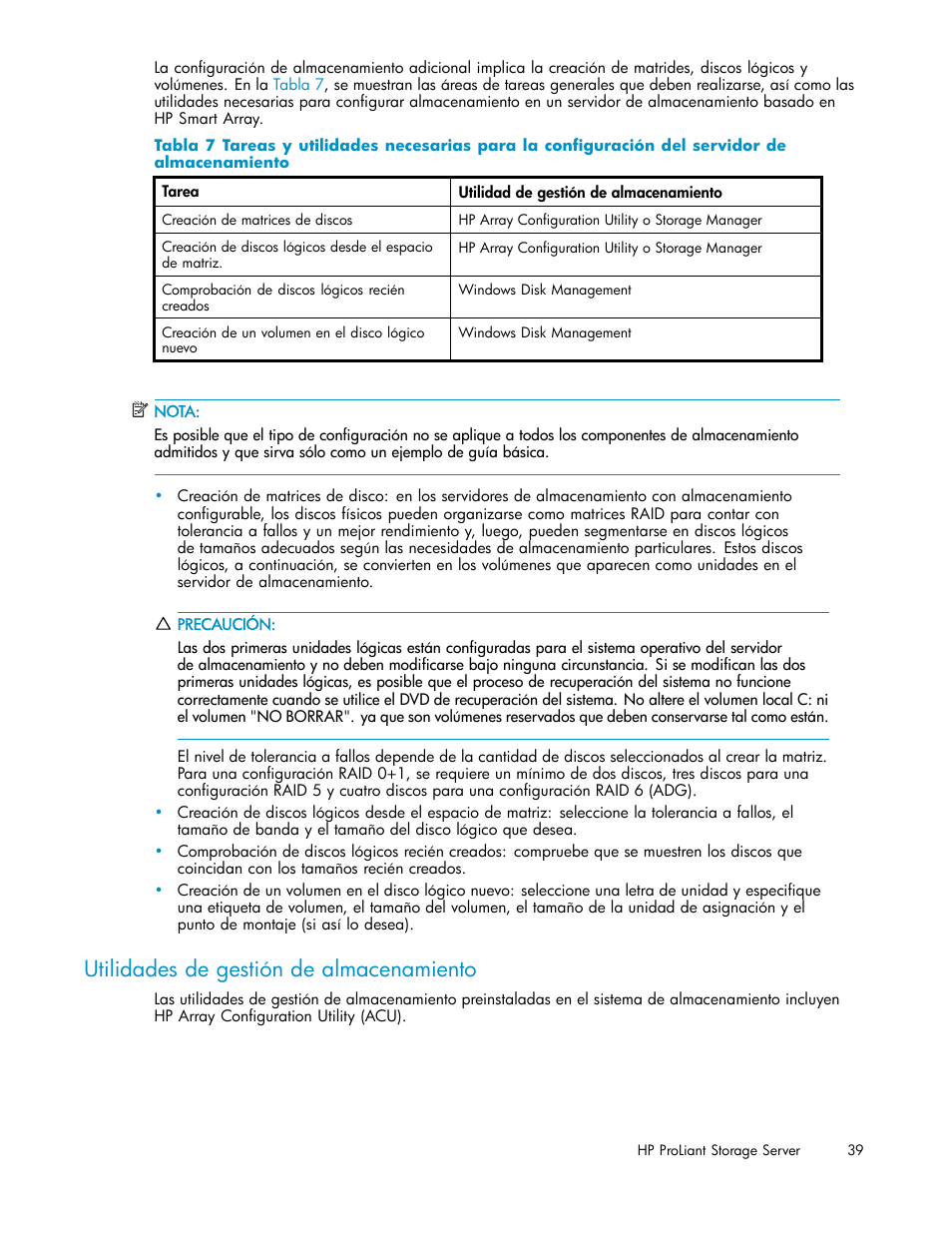 Utilidades de gestión de almacenamiento | HP Servidor de almacenamiento HP ProLiant DL320s User Manual | Page 39 / 152
