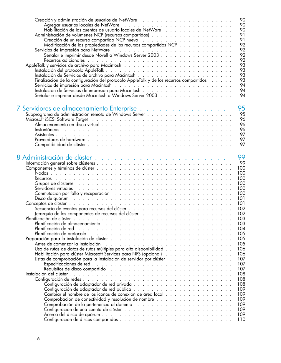 7 servidores de almacenamiento enterprise, 8 administración de clúster | HP Servidor de almacenamiento HP ProLiant DL320s User Manual | Page 6 / 152