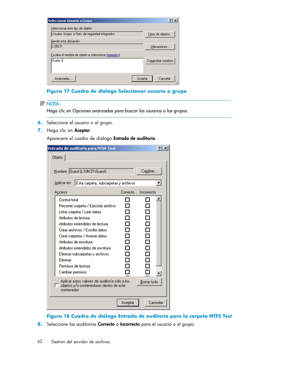 17 cuadro de diálogo seleccionar usuario o grupo | HP Servidor de almacenamiento HP ProLiant DL320s User Manual | Page 62 / 152