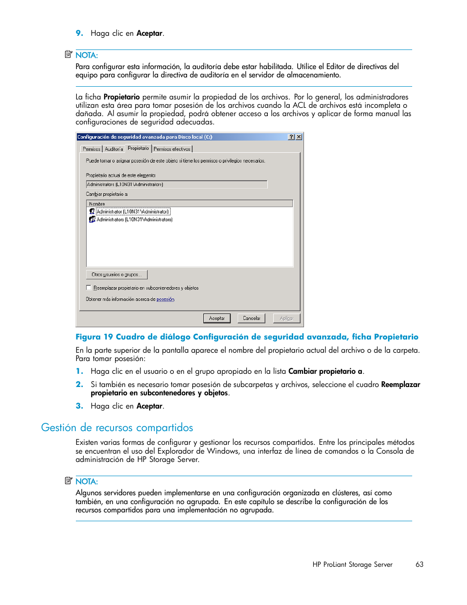 Gestión de recursos compartidos | HP Servidor de almacenamiento HP ProLiant DL320s User Manual | Page 63 / 152
