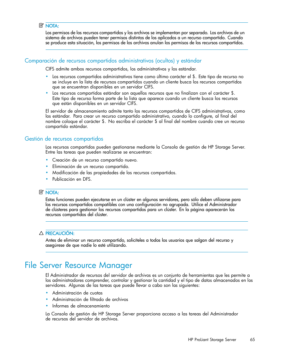 File server resource manager, Gestión de recursos compartidos | HP Servidor de almacenamiento HP ProLiant DL320s User Manual | Page 65 / 152