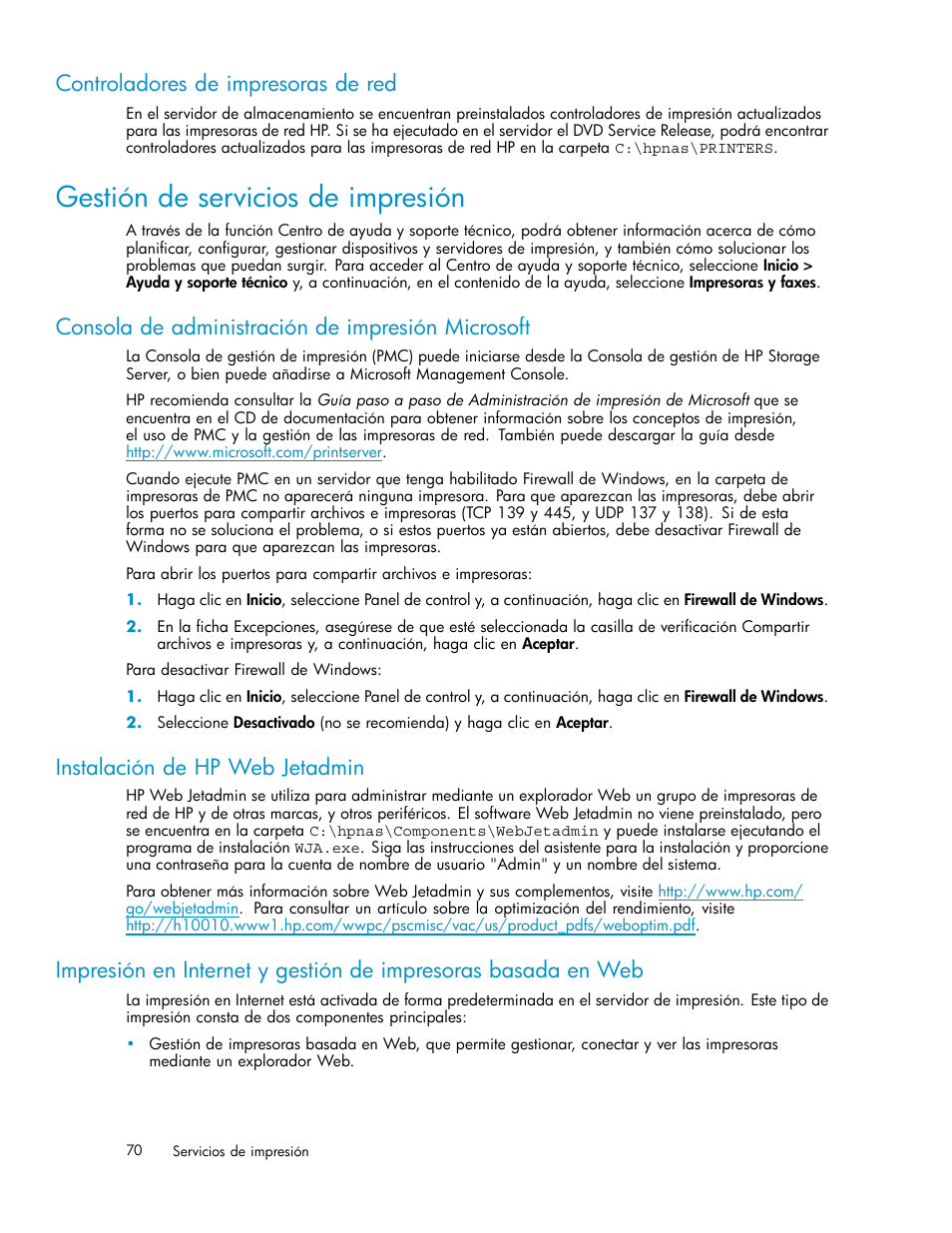 Gestión de servicios de impresión, Controladores de impresoras de red, Consola de administración de impresión microsoft | Instalación de hp web jetadmin, Instalación de w | HP Servidor de almacenamiento HP ProLiant DL320s User Manual | Page 70 / 152