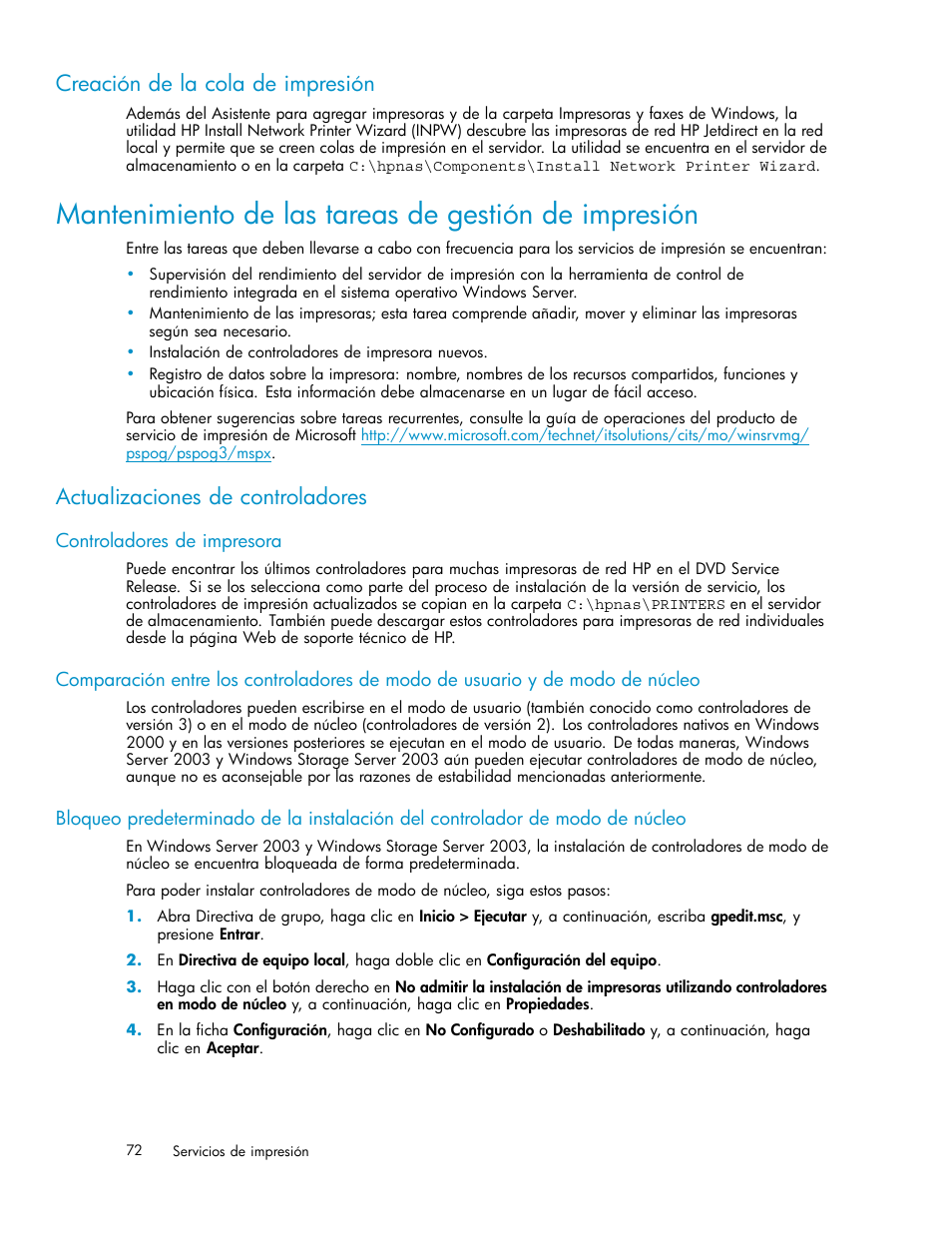 Creación de la cola de impresión, Actualizaciones de controladores, Controladores de impresora | HP Servidor de almacenamiento HP ProLiant DL320s User Manual | Page 72 / 152