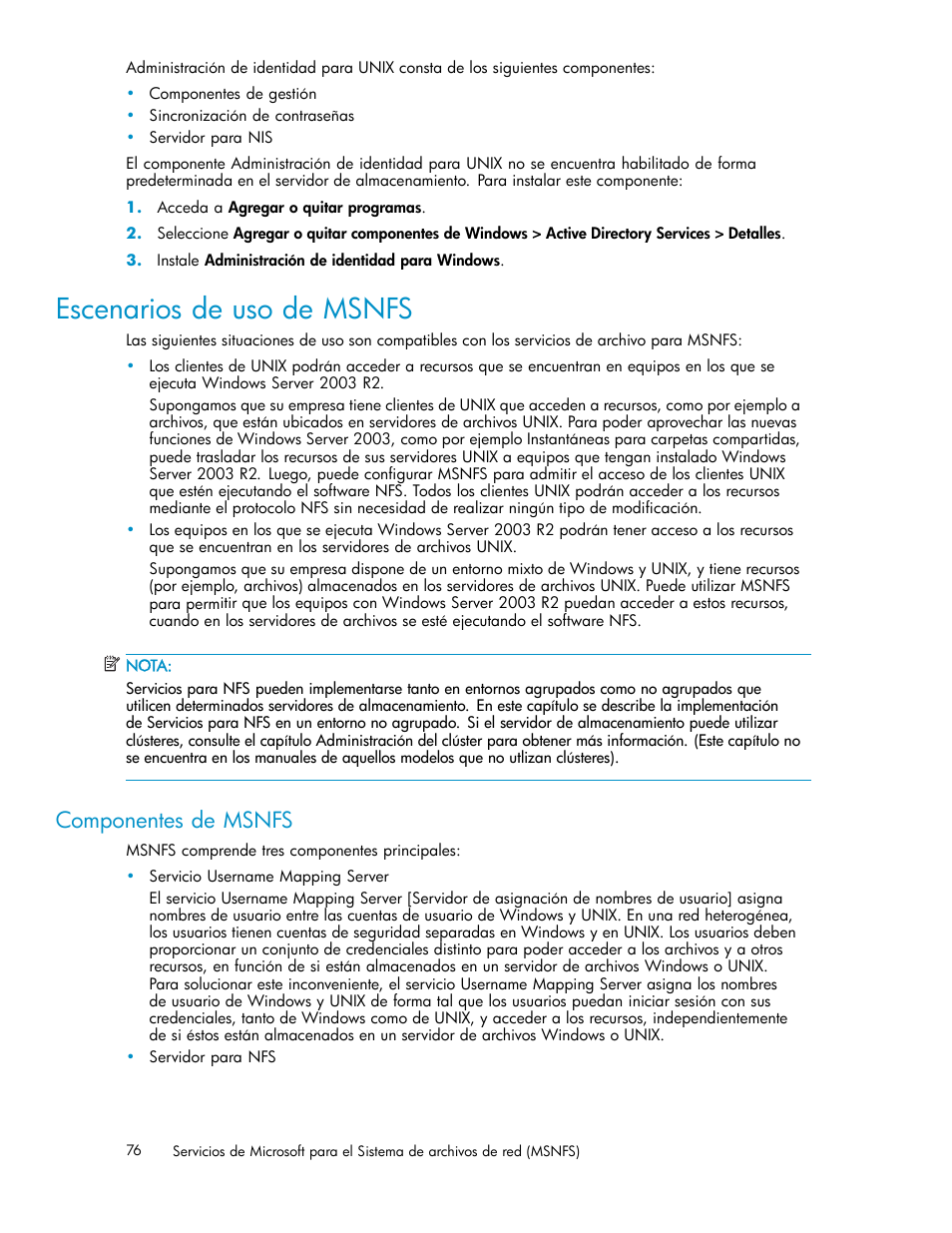 Escenarios de uso de msnfs, Componentes de msnfs | HP Servidor de almacenamiento HP ProLiant DL320s User Manual | Page 76 / 152