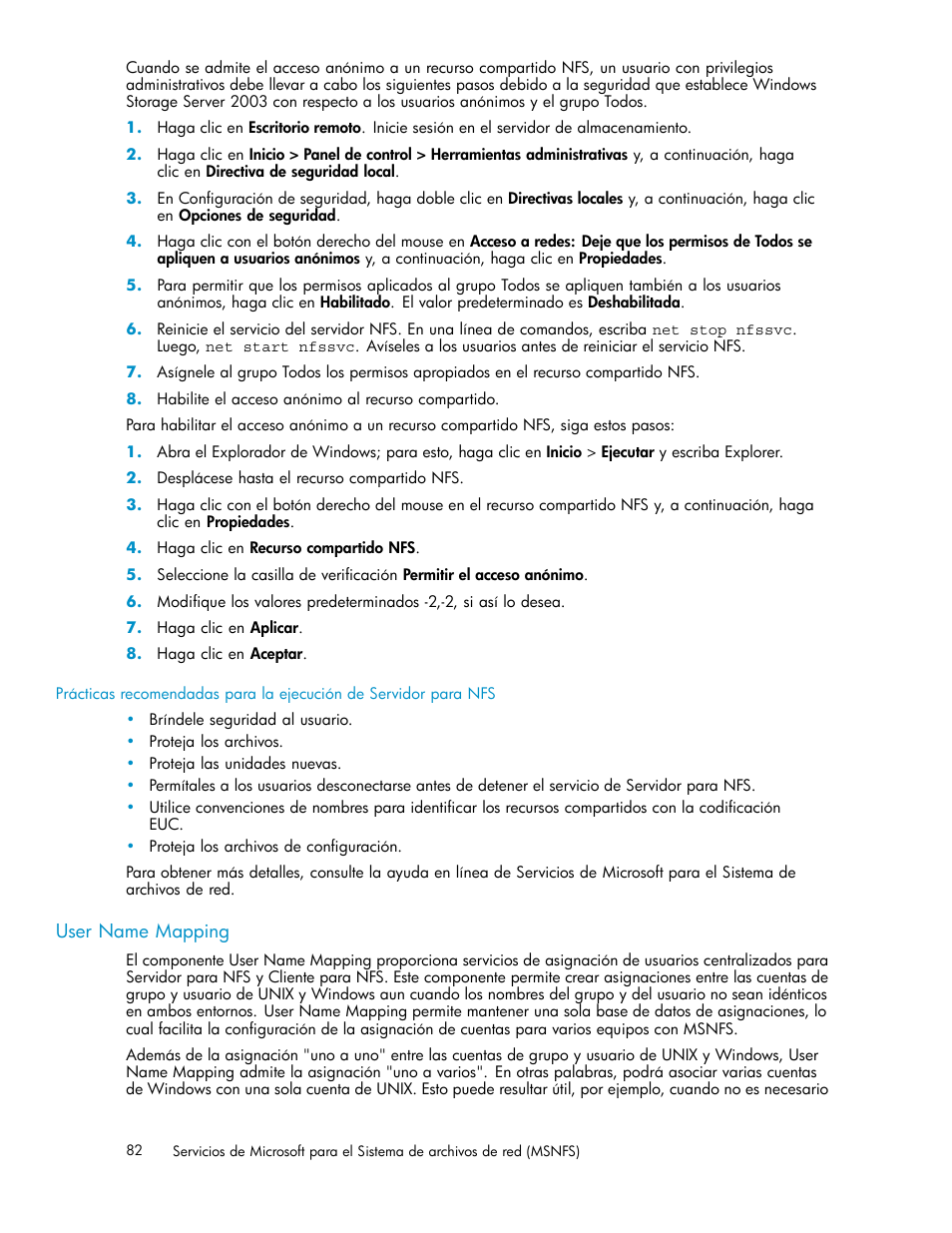 User name mapping | HP Servidor de almacenamiento HP ProLiant DL320s User Manual | Page 82 / 152