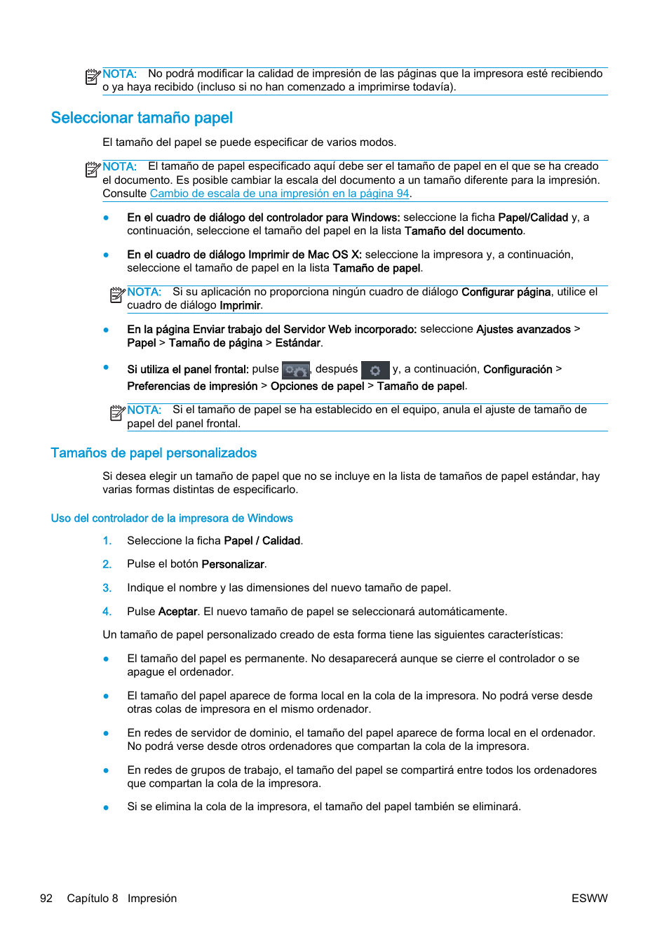 Seleccionar tamaño papel, Tamaños de papel personalizados | HP eMFP HP Designjet serie T2500 User Manual | Page 102 / 322