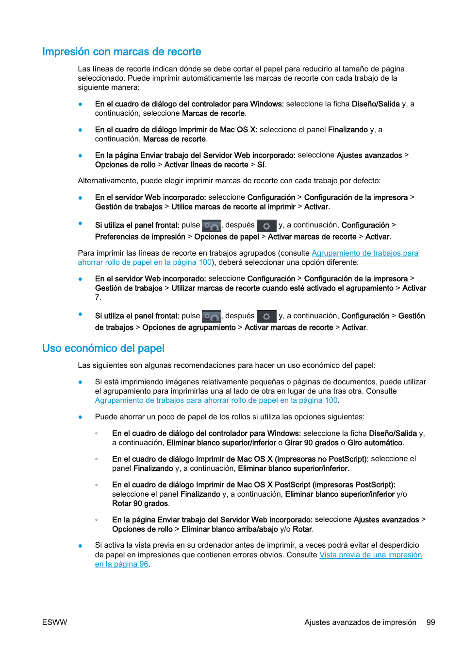 Impresión con marcas de recorte, Uso económico del papel | HP eMFP HP Designjet serie T2500 User Manual | Page 109 / 322