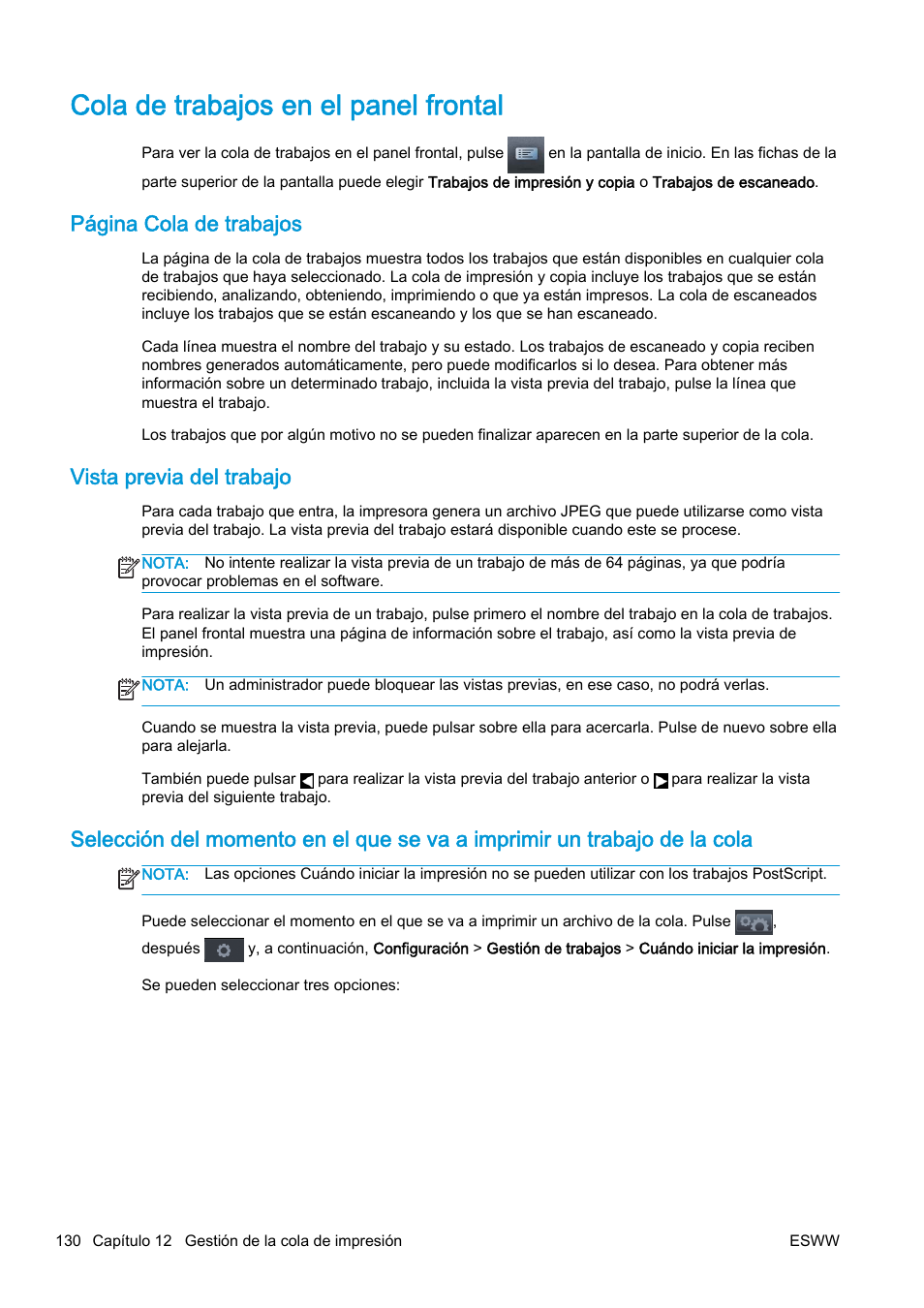 Cola de trabajos en el panel frontal, Vista previa del trabajo, Página cola de trabajos | HP eMFP HP Designjet serie T2500 User Manual | Page 140 / 322