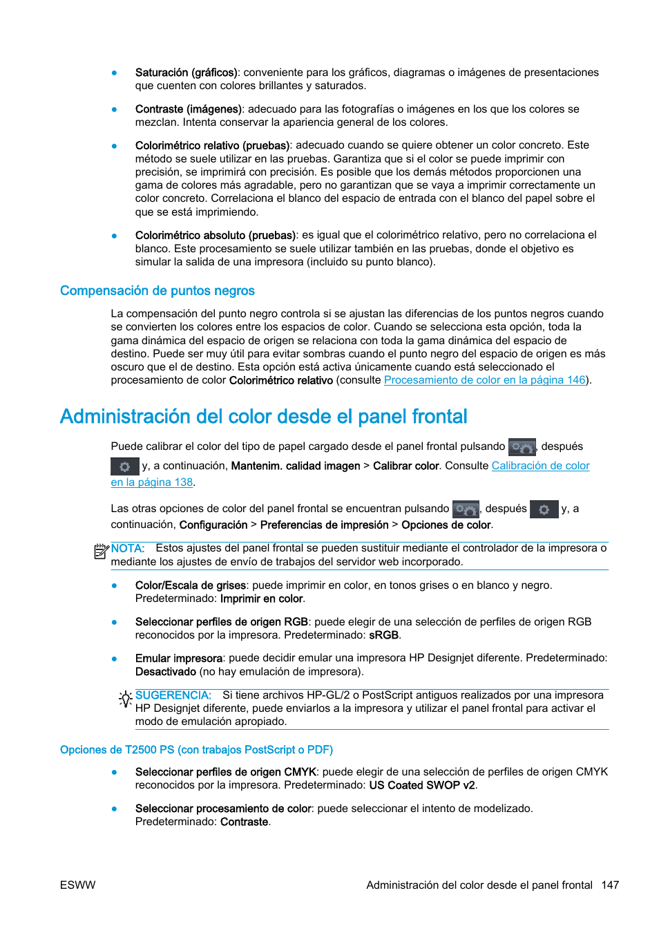 Compensación de puntos negros, Administración del color desde el panel frontal | HP eMFP HP Designjet serie T2500 User Manual | Page 157 / 322