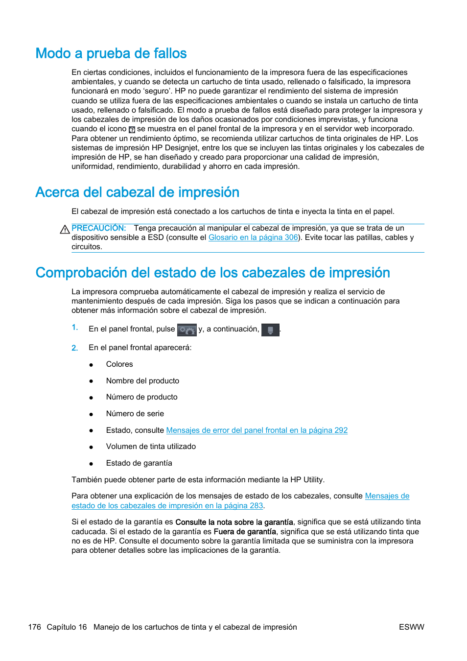 Modo a prueba de fallos, Acerca del cabezal de impresión | HP eMFP HP Designjet serie T2500 User Manual | Page 186 / 322