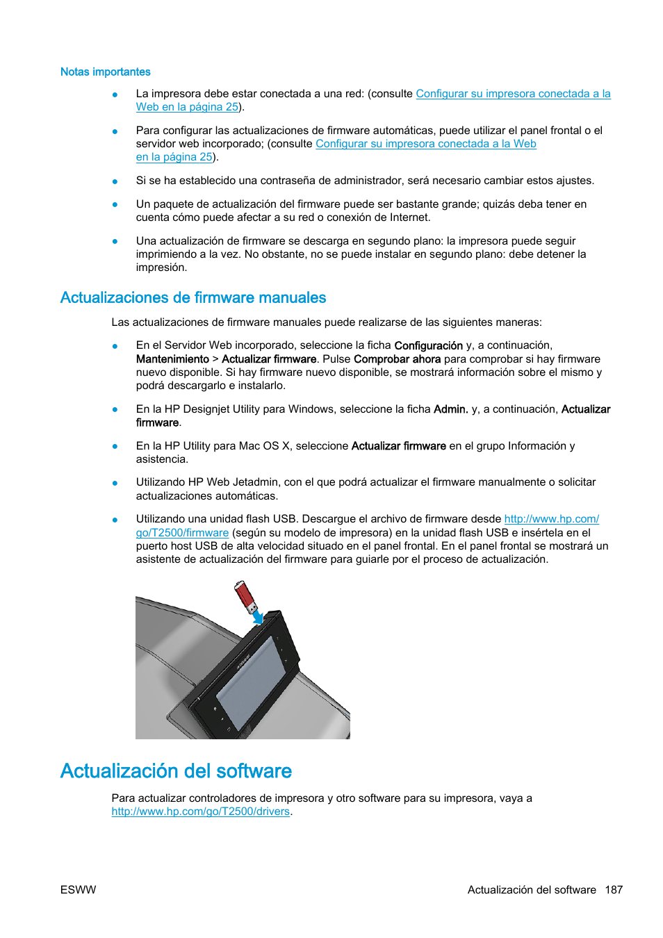 Actualizaciones de firmware manuales, Actualización del software | HP eMFP HP Designjet serie T2500 User Manual | Page 197 / 322