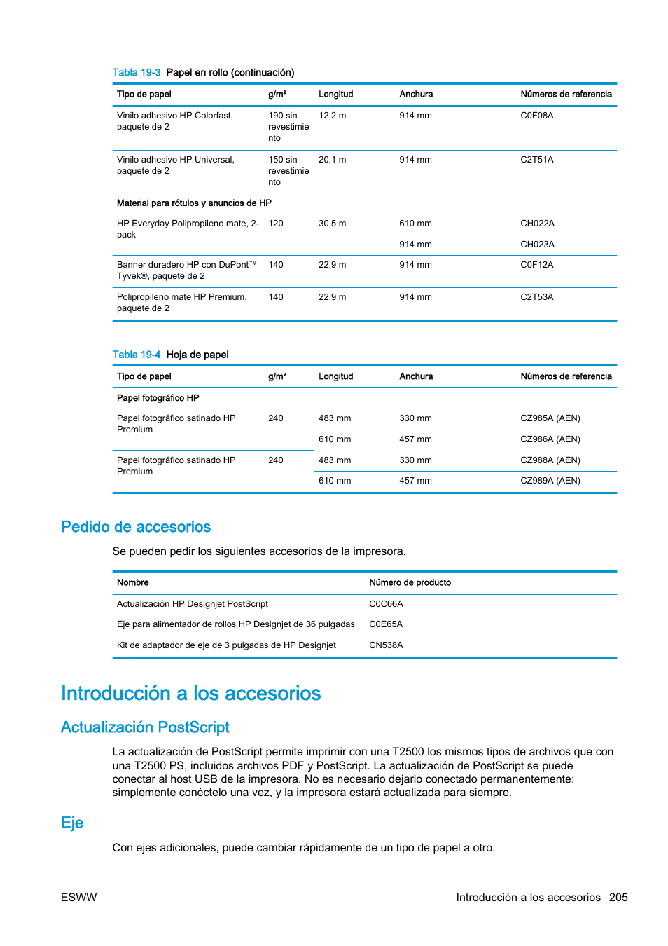 Pedido de accesorios, Introducción a los accesorios, Actualización postscript | HP eMFP HP Designjet serie T2500 User Manual | Page 215 / 322