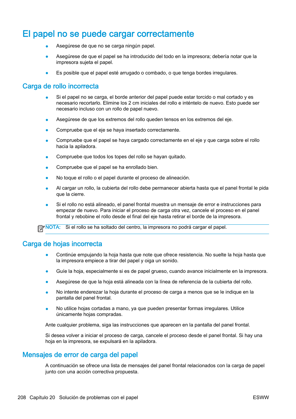 El papel no se puede cargar correctamente, Carga de rollo incorrecta, Carga de hojas incorrecta | Mensajes de error de carga del papel, Nsulte | HP eMFP HP Designjet serie T2500 User Manual | Page 218 / 322