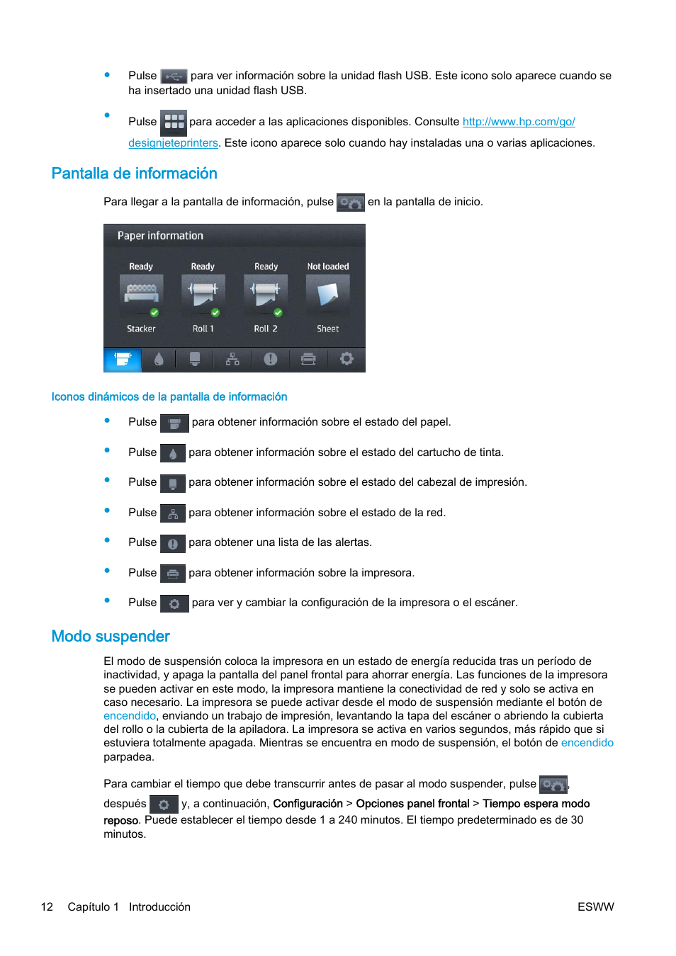 Pantalla de información, Modo suspender | HP eMFP HP Designjet serie T2500 User Manual | Page 22 / 322