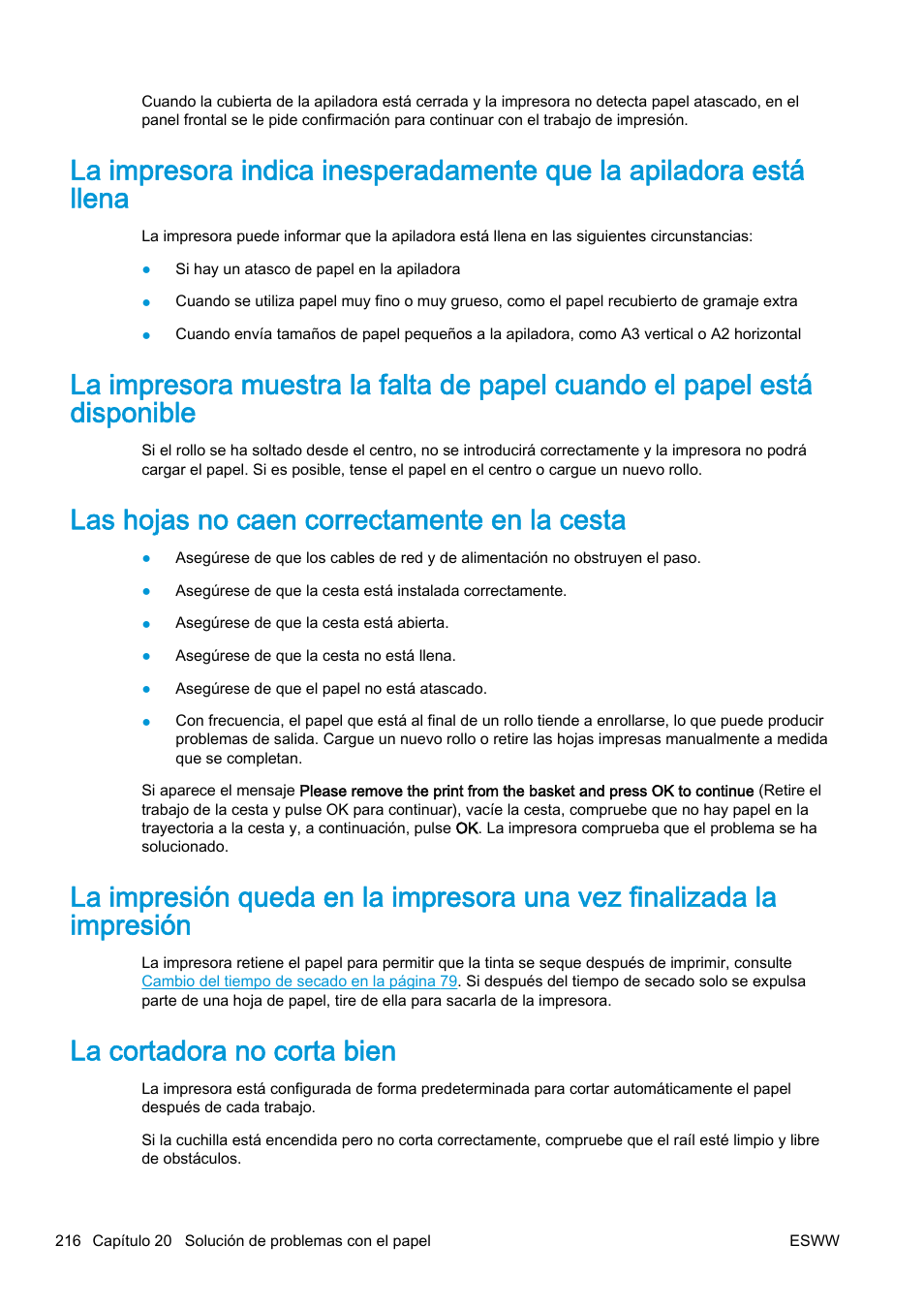 Las hojas no caen correctamente en la cesta, La cortadora no corta bien | HP eMFP HP Designjet serie T2500 User Manual | Page 226 / 322