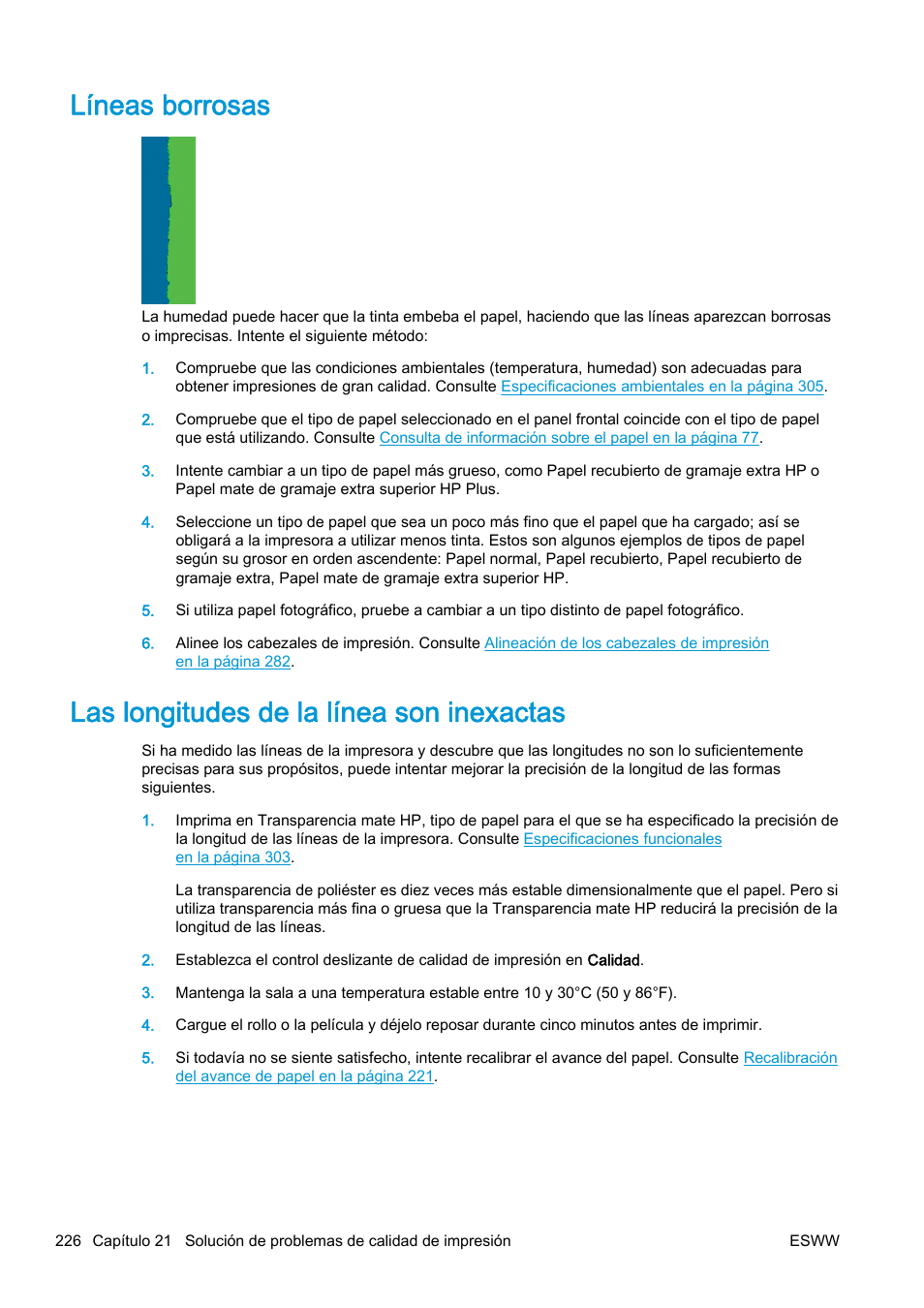 Líneas borrosas, Las longitudes de la línea son inexactas | HP eMFP HP Designjet serie T2500 User Manual | Page 236 / 322