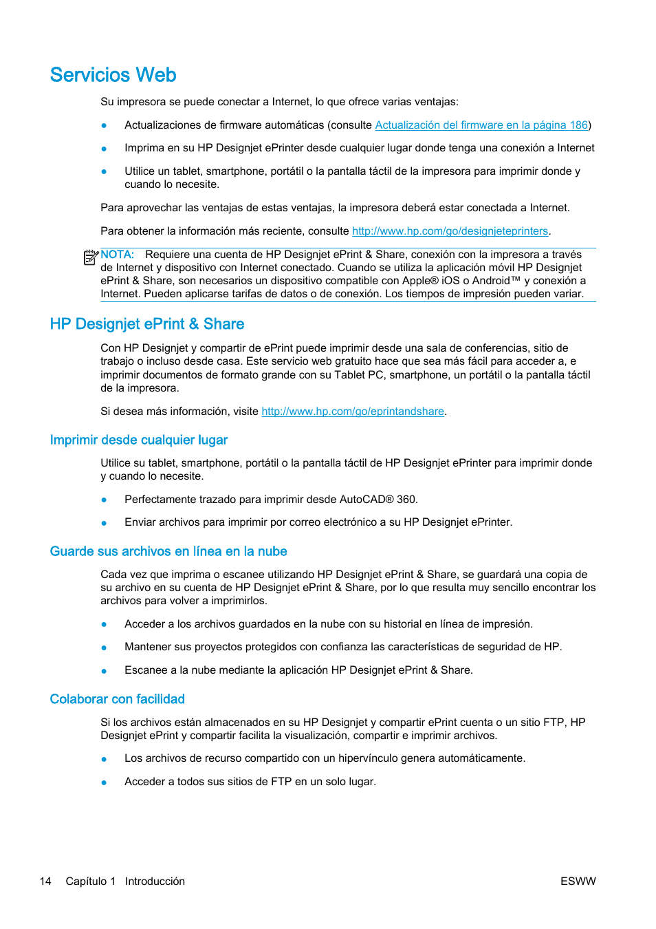Servicios web, Hp designjet eprint & share, Imprimir desde cualquier lugar | Guarde sus archivos en línea en la nube, Colaborar con facilidad | HP eMFP HP Designjet serie T2500 User Manual | Page 24 / 322