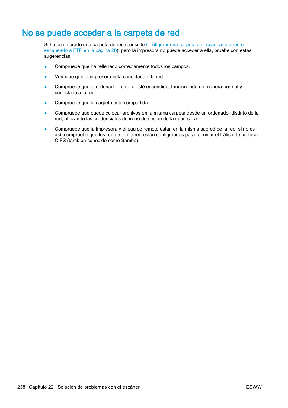 No se puede acceder a la carpeta de red | HP eMFP HP Designjet serie T2500 User Manual | Page 248 / 322