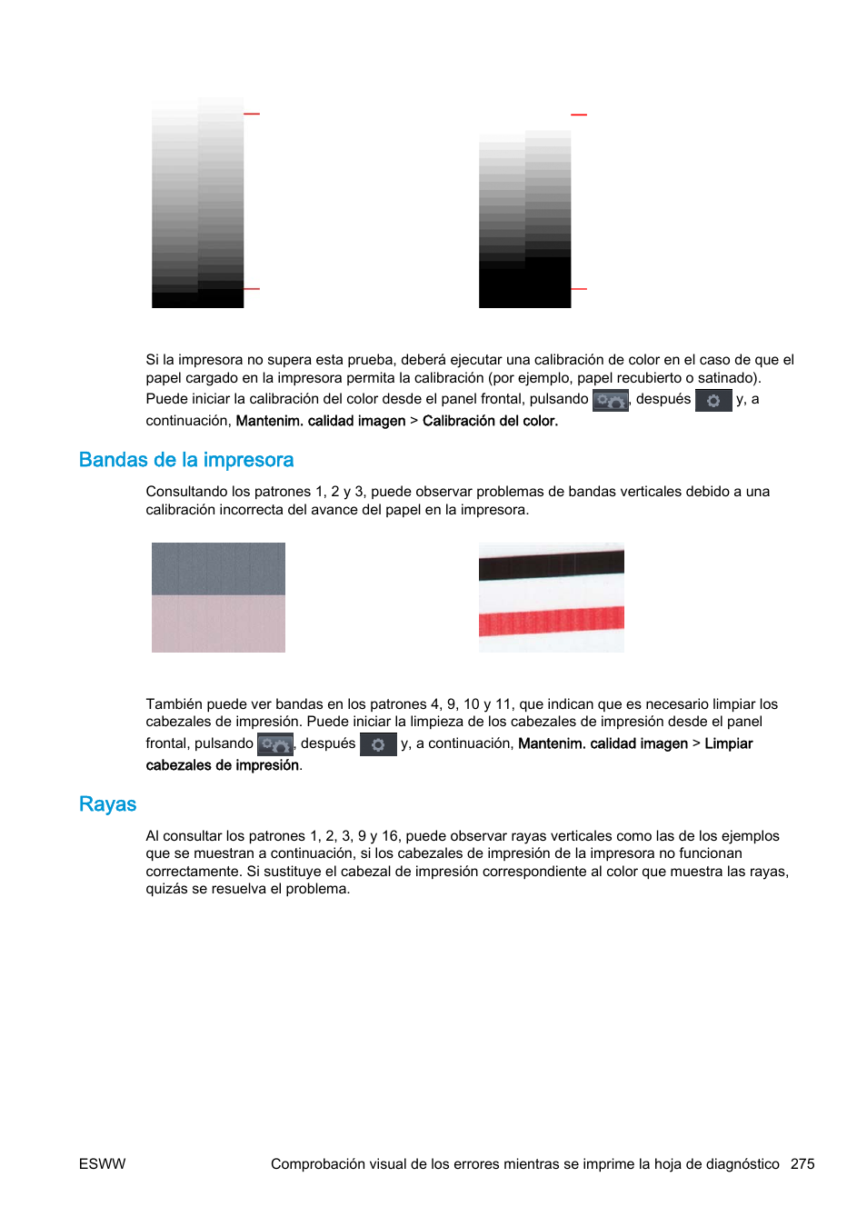 Bandas de la impresora, Rayas | HP eMFP HP Designjet serie T2500 User Manual | Page 285 / 322