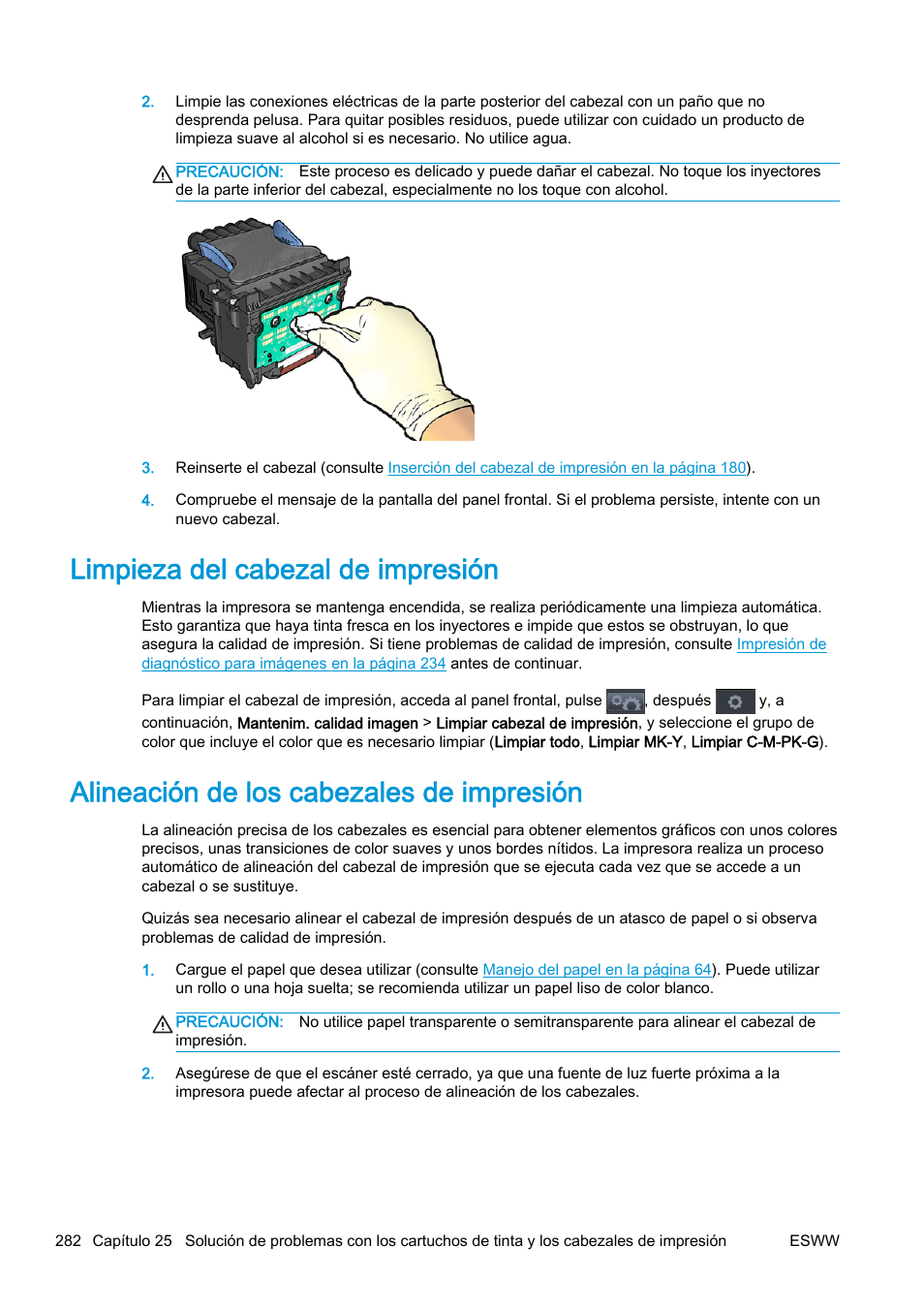 Limpieza del cabezal de impresión, Alineación de los cabezales de impresión, Alineación de los | Sulte | HP eMFP HP Designjet serie T2500 User Manual | Page 292 / 322