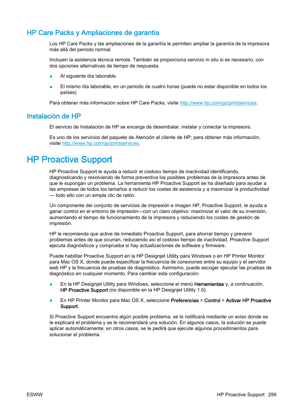 Hp care packs y ampliaciones de garantía, Instalación de hp, Hp proactive support | HP eMFP HP Designjet serie T2500 User Manual | Page 309 / 322