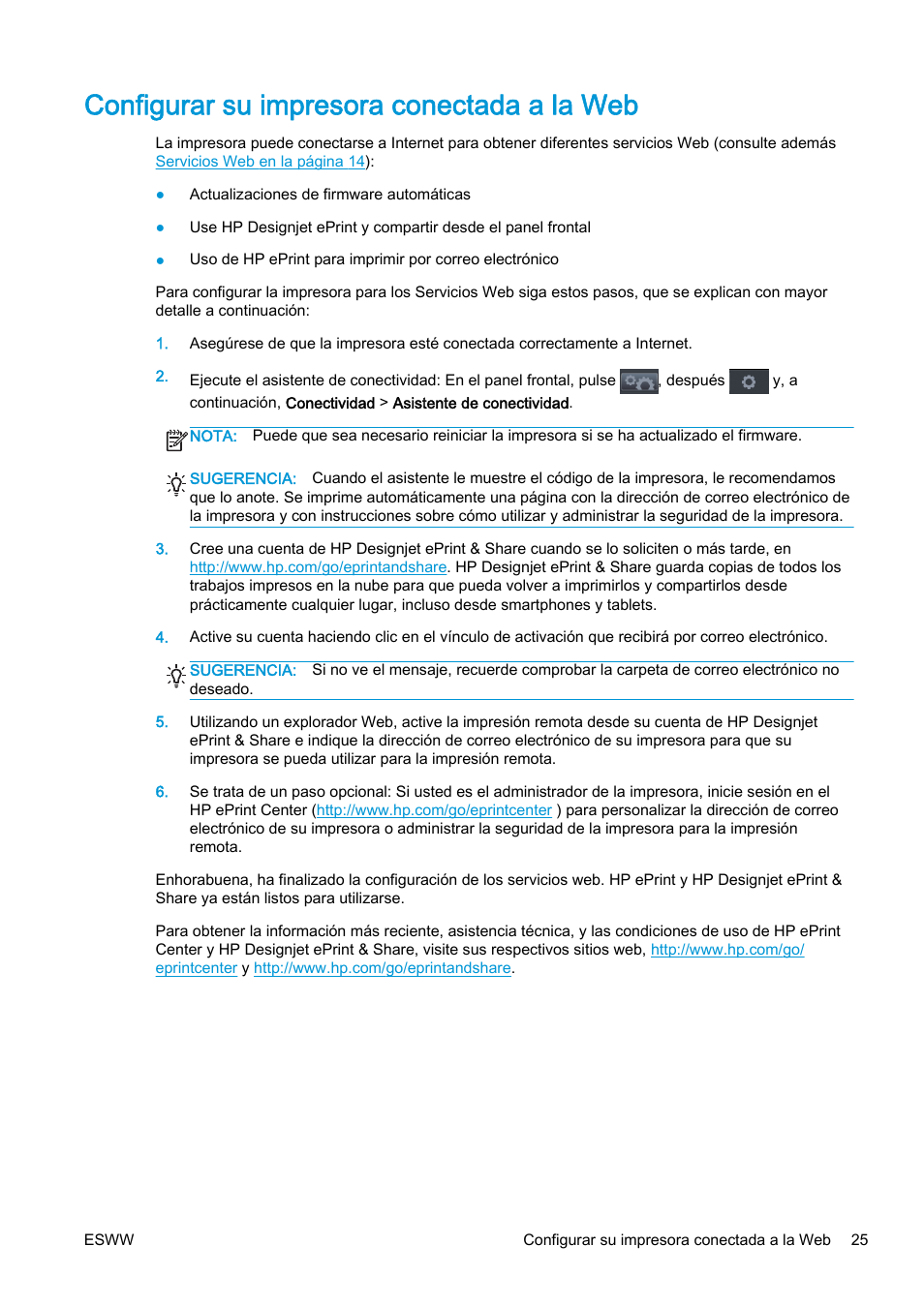 Configurar su impresora conectada a la web | HP eMFP HP Designjet serie T2500 User Manual | Page 35 / 322