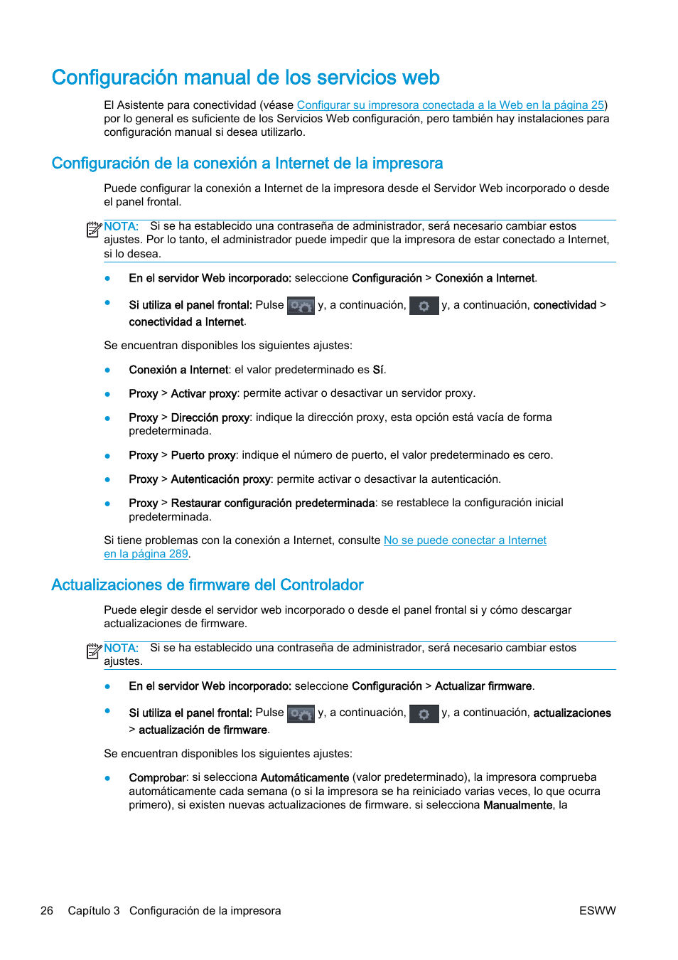Configuración manual de los servicios web, Actualizaciones de firmware del controlador | HP eMFP HP Designjet serie T2500 User Manual | Page 36 / 322