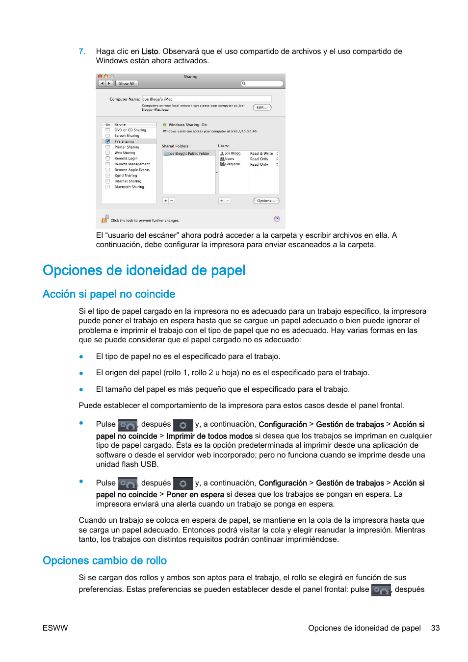 Opciones de idoneidad de papel, Acción si papel no coincide, Opciones cambio de rollo | HP eMFP HP Designjet serie T2500 User Manual | Page 43 / 322