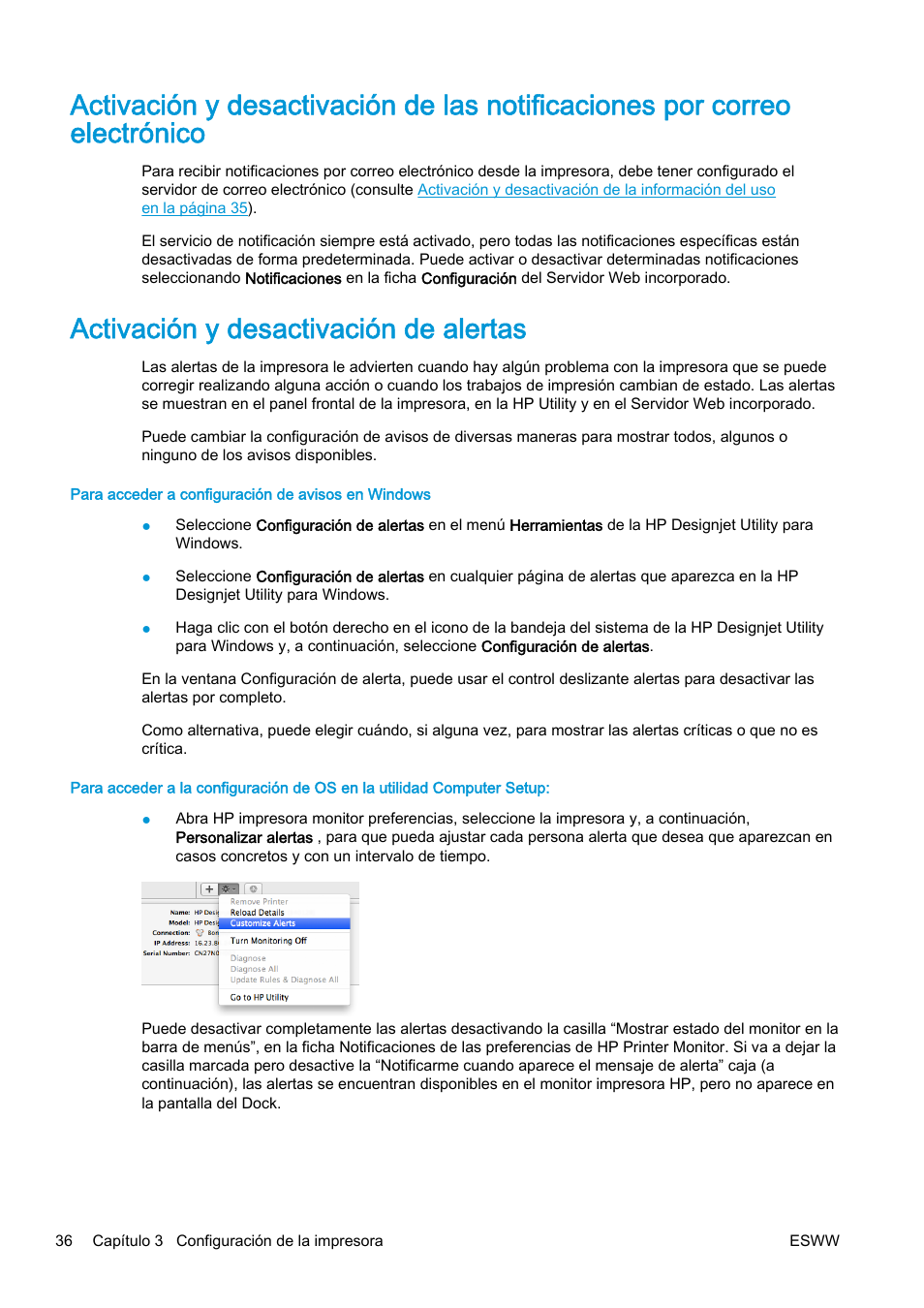 Activación y desactivación de alertas | HP eMFP HP Designjet serie T2500 User Manual | Page 46 / 322