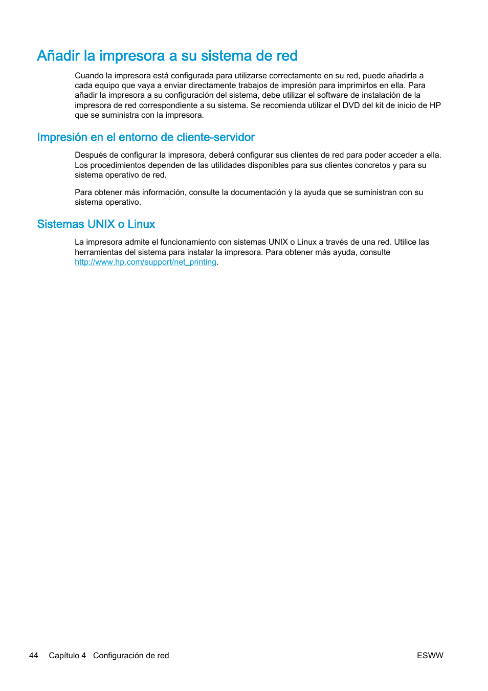 Añadir la impresora a su sistema de red, Impresión en el entorno de cliente-servidor, Sistemas unix o linux | HP eMFP HP Designjet serie T2500 User Manual | Page 54 / 322