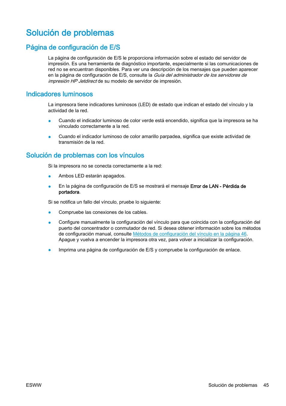 Solución de problemas, Indicadores luminosos, Solución de problemas con los vínculos | Página de configuración de e/s | HP eMFP HP Designjet serie T2500 User Manual | Page 55 / 322